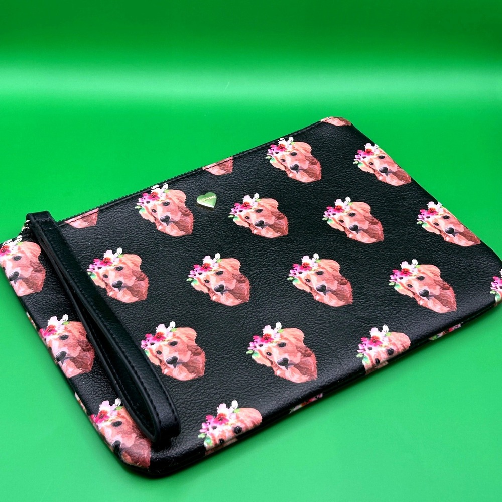 Betsey Johnson Golden Retriever Flower Crown Wristlet Clutch Bag Black Pebbled